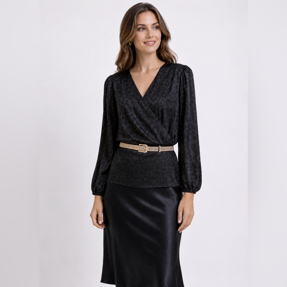 Jon & Anna Black Leopard Satin blouse size medium